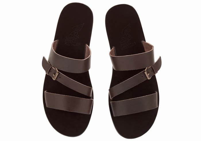 Ancient Greek Sandals Ifiklis Leather Men Slide Sandals Chocolate | PIJ1146WW