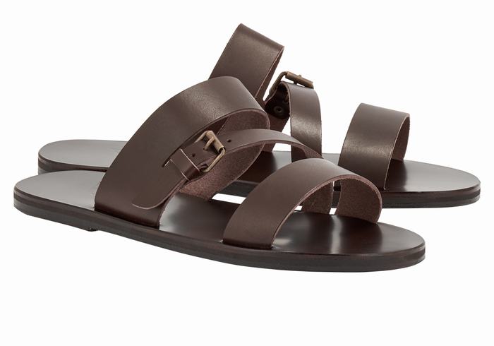 Ancient Greek Sandals Ifiklis Leather Men Slide Sandals Chocolate | PIJ1146WW