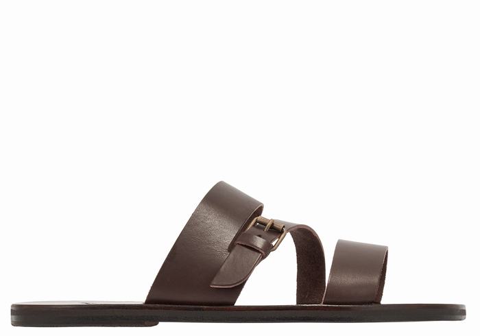 Ancient Greek Sandals Ifiklis Leather Men Slide Sandals Chocolate | PIJ1146WW