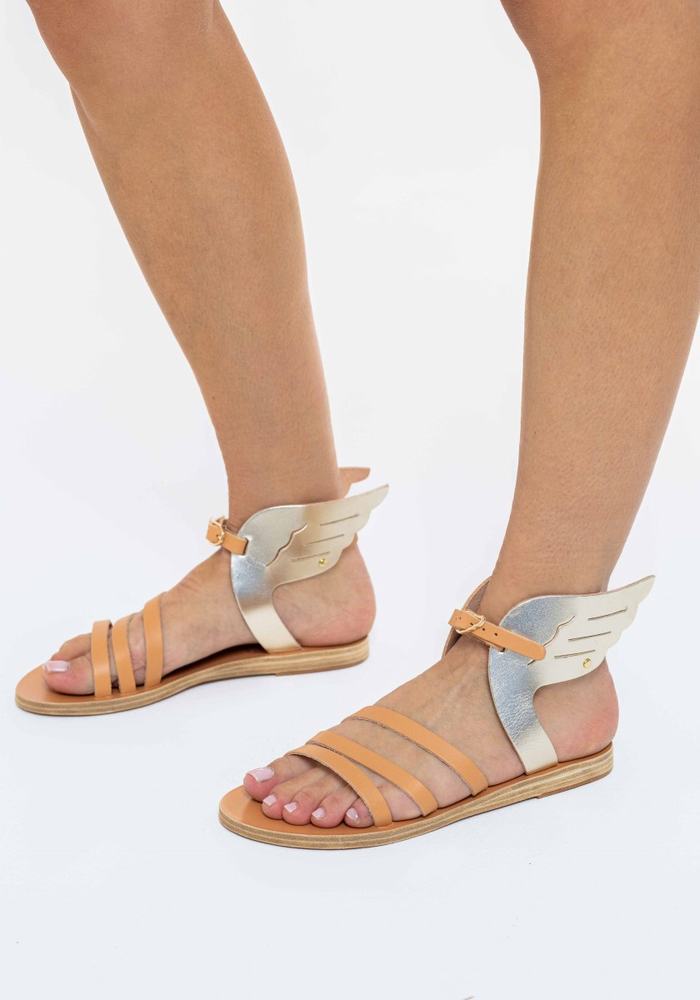 Ancient Greek Sandals Ikaria Leather Women Ankle Strap Sandals Beige Gold White | VMH3518IT