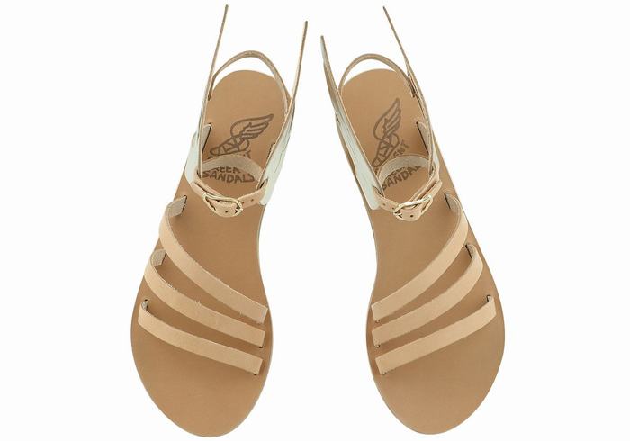 Ancient Greek Sandals Ikaria Leather Women Ankle Strap Sandals Beige Gold White | VMH3518IT