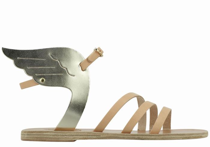 Ancient Greek Sandals Ikaria Leather Women Ankle Strap Sandals Beige Gold White | VMH3518IT