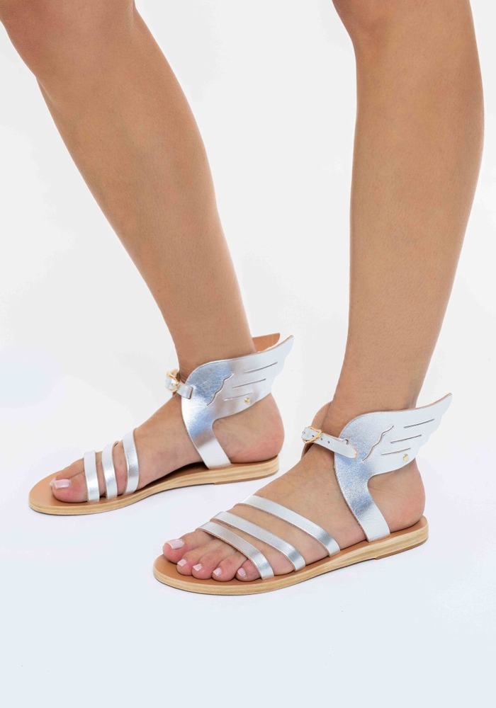 Ancient Greek Sandals Ikaria Leather Women Ankle Strap Sandals Silver | BZP9296GD