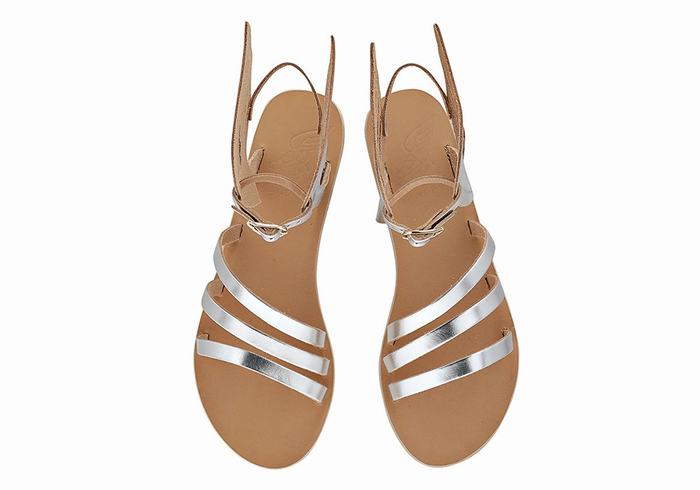 Ancient Greek Sandals Ikaria Leather Women Ankle Strap Sandals Silver | BZP9296GD