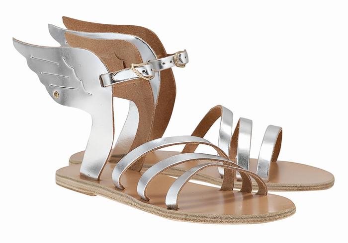 Ancient Greek Sandals Ikaria Leather Women Ankle Strap Sandals Silver | BZP9296GD