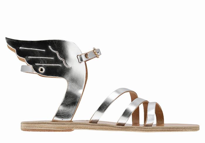 Ancient Greek Sandals Ikaria Leather Women Ankle Strap Sandals Silver | BZP9296GD