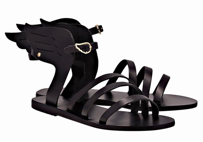 Ancient Greek Sandals Ikaria Leather Women Ankle Strap Sandals Black | XDX8986RS