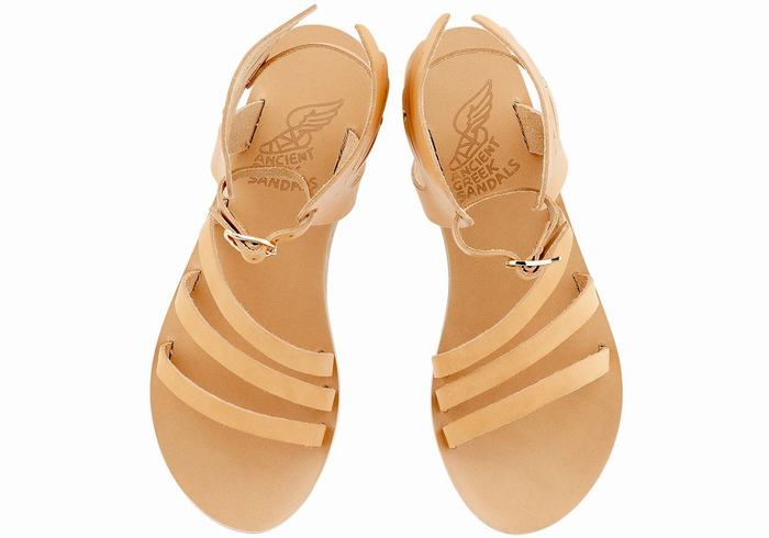 Ancient Greek Sandals Ikaria Leather Women Ankle Strap Sandals Beige | ZOQ5745SS