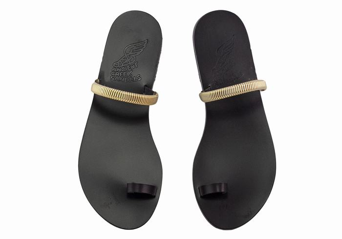 Ancient Greek Sandals Konaki Women Toe-Post Sandals Black Gold | ZRU2233IX