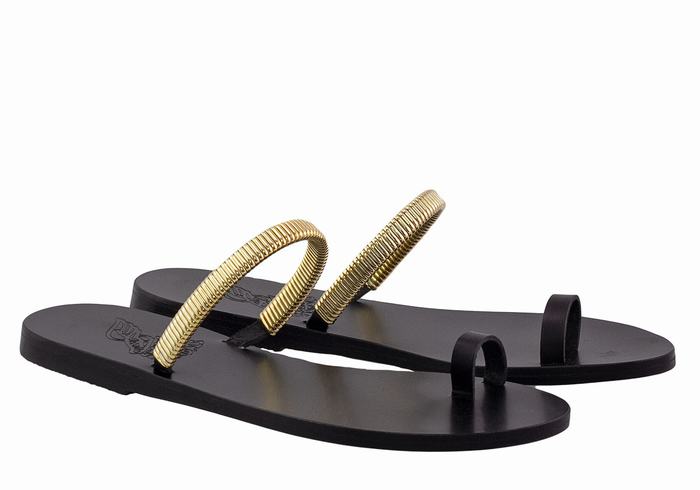 Ancient Greek Sandals Konaki Women Toe-Post Sandals Black Gold | ZRU2233IX