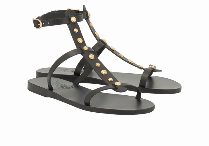 Ancient Greek Sandals Meliti Bee Women Ankle Strap Sandals Black | HWI9924EZ