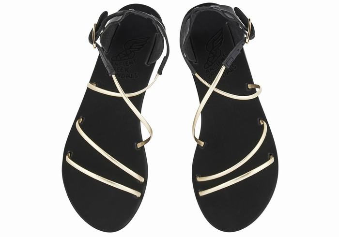 Ancient Greek Sandals Meloivia Women Ankle Strap Sandals Black Gold White | UQK6618VN