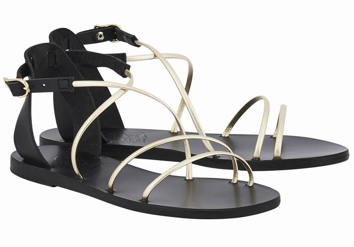 Ancient Greek Sandals Meloivia Women Ankle Strap Sandals Black Gold White | UQK6618VN