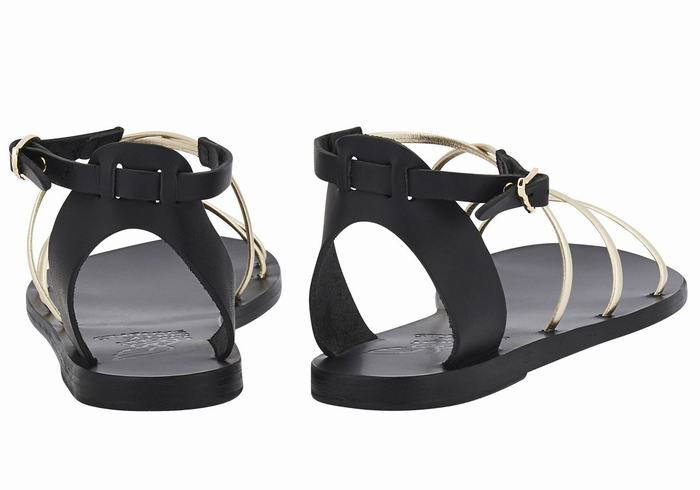 Ancient Greek Sandals Meloivia Women Ankle Strap Sandals Black Gold White | UQK6618VN