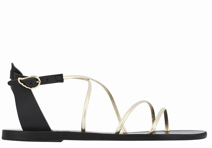 Ancient Greek Sandals Meloivia Women Ankle Strap Sandals Black Gold White | UQK6618VN