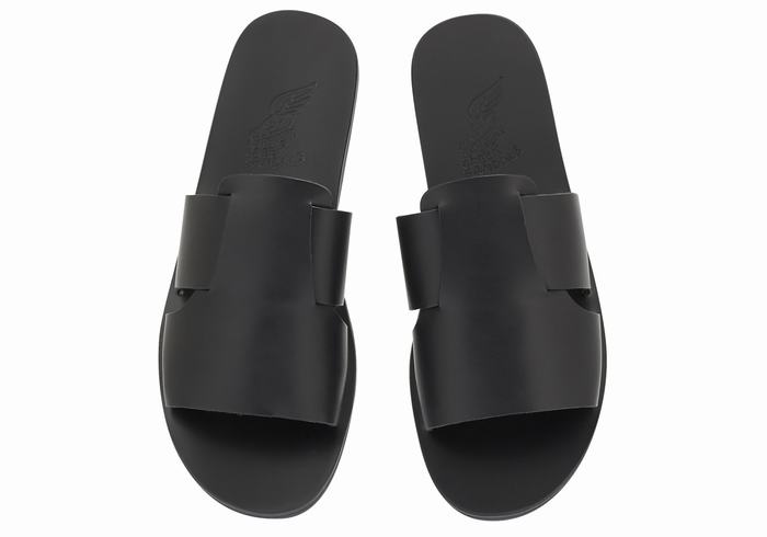 Ancient Greek Sandals Miltiadis Leather Men Slide Sandals Black | OFD7060PY