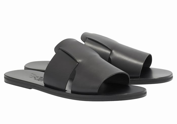 Ancient Greek Sandals Miltiadis Leather Men Slide Sandals Black | OFD7060PY