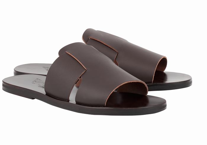 Ancient Greek Sandals Miltiadis Leather Men Slide Sandals Chocolate | AXP3890KK