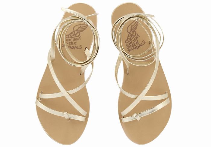 Ancient Greek Sandals Morfi Leather Women Gladiator Sandals Gold White | ESW307IA