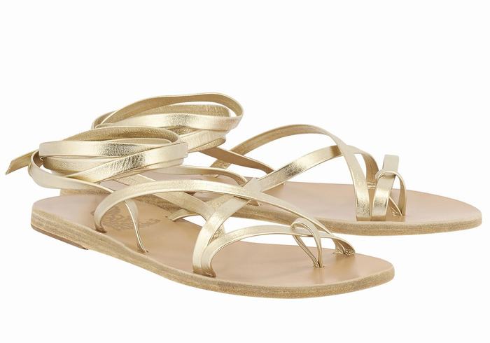 Ancient Greek Sandals Morfi Leather Women Gladiator Sandals Gold White | ESW307IA