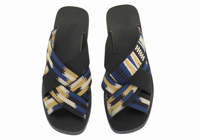 Ancient Greek Sandals Neoklis Men Slide Sandals Black Blue | YSJ1768AZ