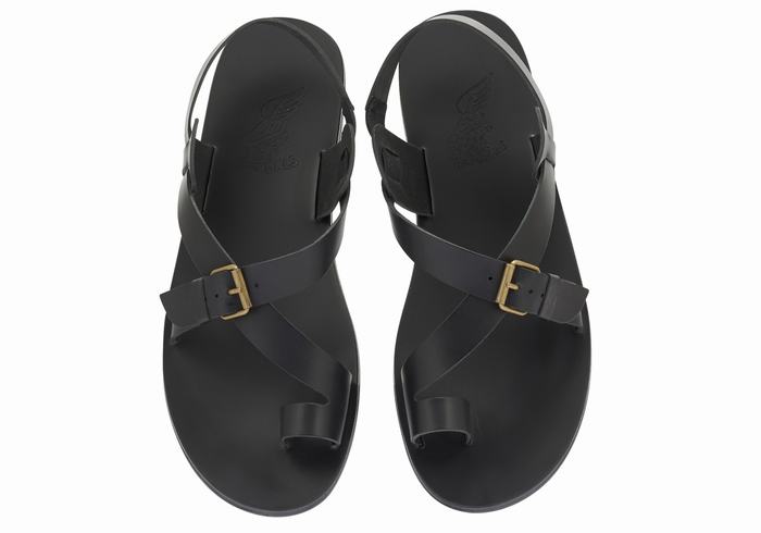 Ancient Greek Sandals Paris Leather Men Toe-Post Sandals Black | RGK4674WY