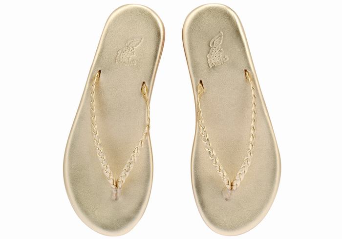 Ancient Greek Sandals Plage Flip Flop Women Braided Sandals Gold White | UKB9820GT