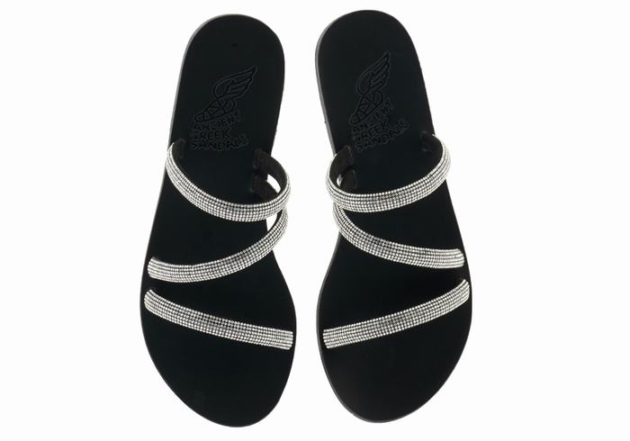 Ancient Greek Sandals Polytimi Diamante Women Slide Sandals Silver Black | PNO7339ZD