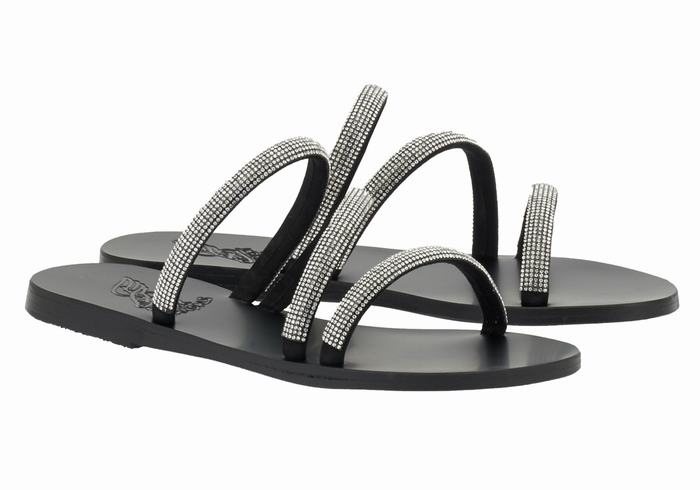 Ancient Greek Sandals Polytimi Diamante Women Slide Sandals Silver Black | PNO7339ZD