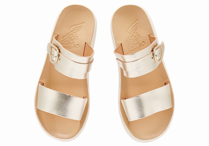 Ancient Greek Sandals Preveza Comfort Women Slide Sandals Gold White | OHD8436SJ