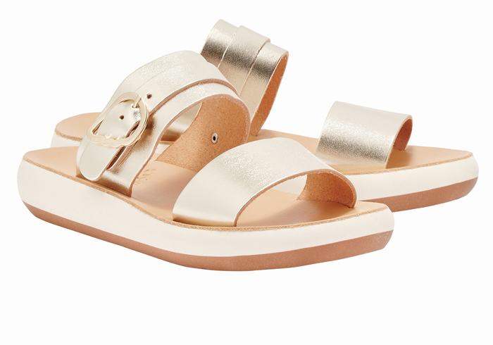 Ancient Greek Sandals Preveza Comfort Women Slide Sandals Gold White | OHD8436SJ