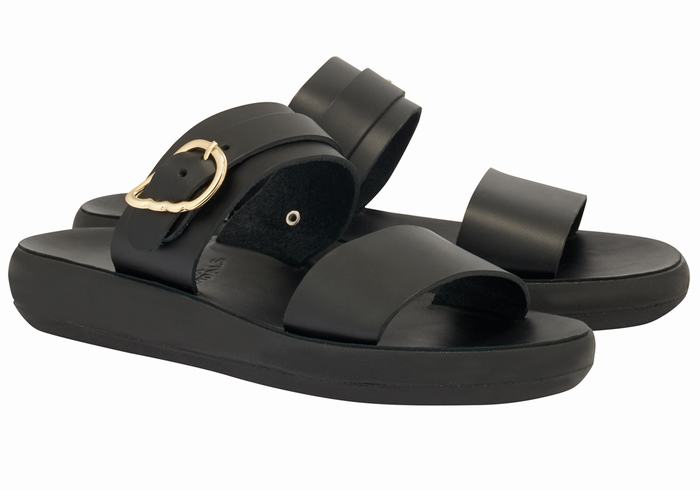 Ancient Greek Sandals Preveza Comfort Women Slide Sandals Black | ZJX1083BP