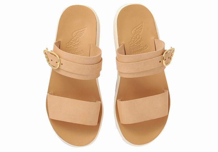 Ancient Greek Sandals Preveza Comfort Women Slide Sandals Beige | PZQ9933KC