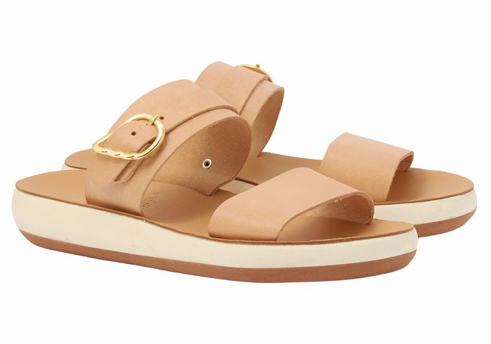 Ancient Greek Sandals Preveza Comfort Women Slide Sandals Beige | PZQ9933KC