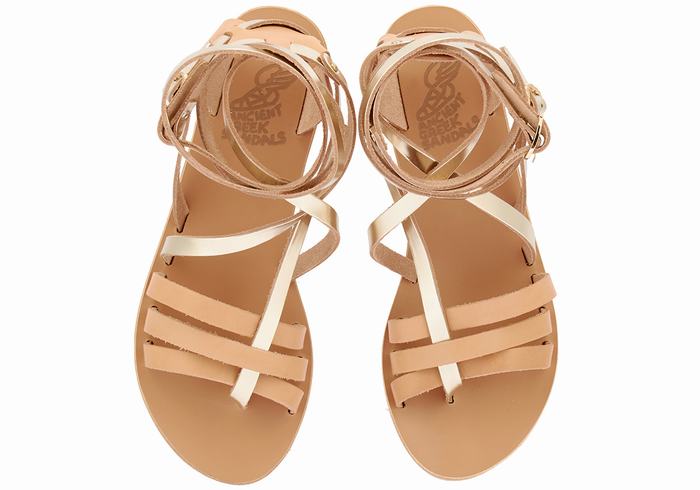 Ancient Greek Sandals Satira Leather Women Gladiator Sandals Beige Gold White | VFD46ME