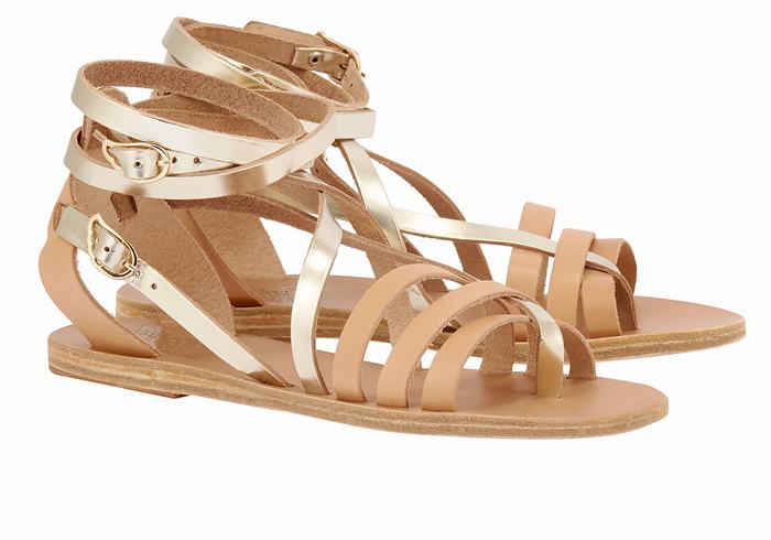 Ancient Greek Sandals Satira Leather Women Gladiator Sandals Beige Gold White | VFD46ME