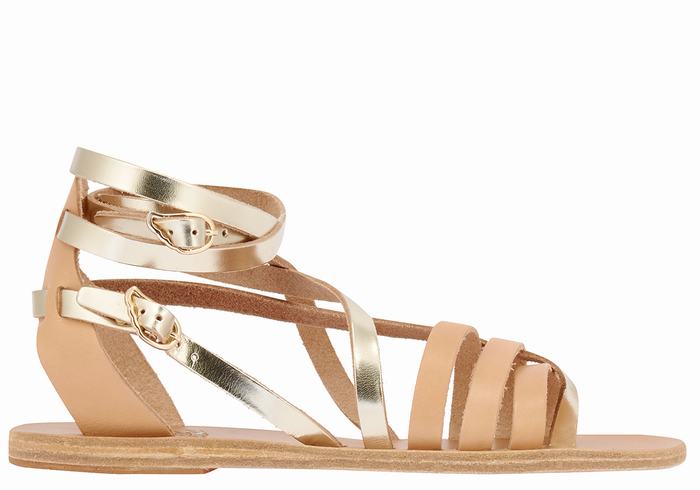 Ancient Greek Sandals Satira Leather Women Gladiator Sandals Beige Gold White | VFD46ME