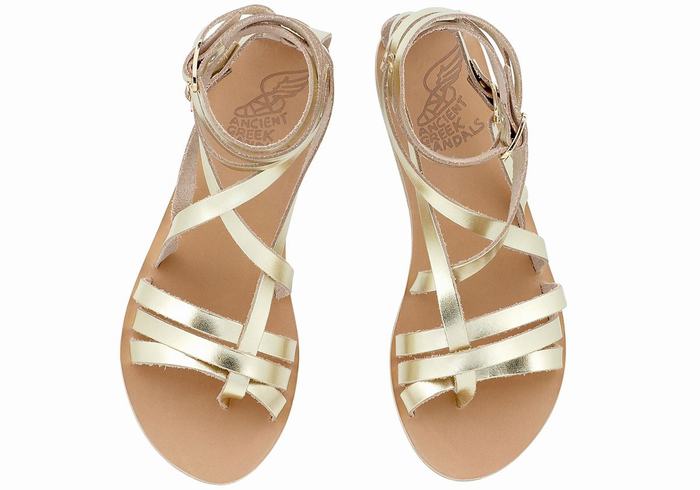 Ancient Greek Sandals Satira Leather Women Gladiator Sandals Gold White | KZC4874VR