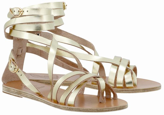 Ancient Greek Sandals Satira Leather Women Gladiator Sandals Gold White | KZC4874VR