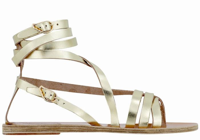 Ancient Greek Sandals Satira Leather Women Gladiator Sandals Gold White | KZC4874VR