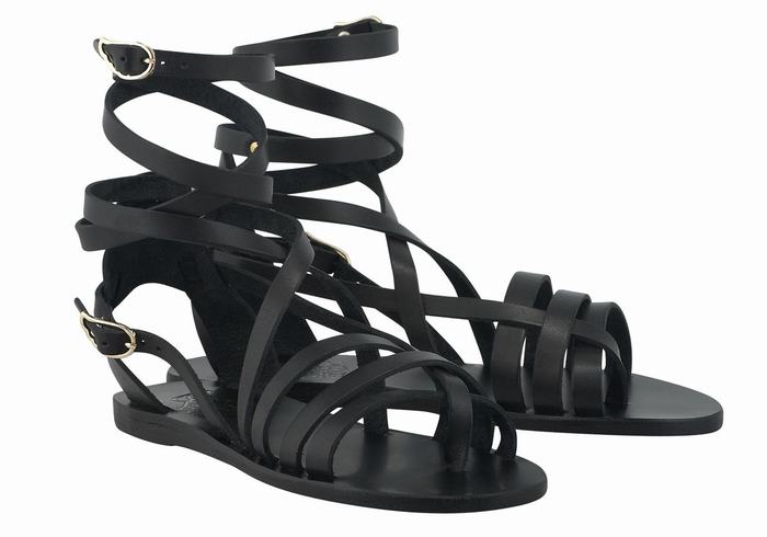 Ancient Greek Sandals Satira Leather Women Gladiator Sandals Black | XLF9730MB