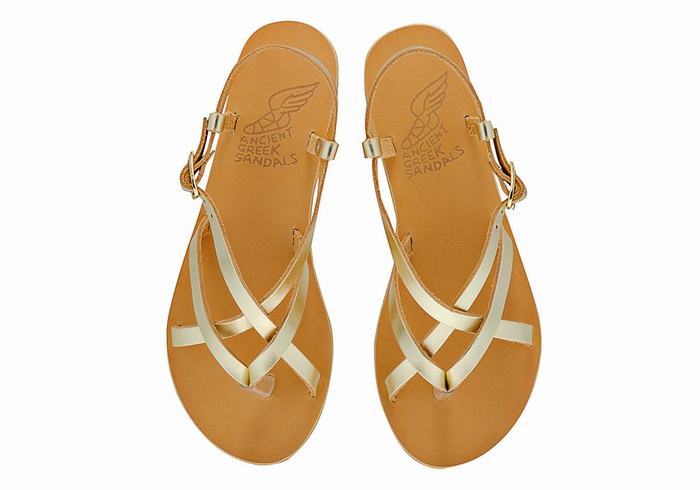 Ancient Greek Sandals Semele Leather Women Back-Strap Sandals Gold White | YQI4232YJ