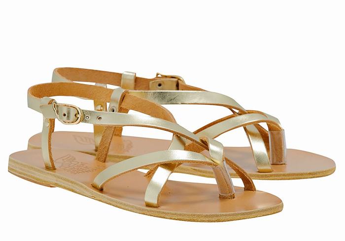 Ancient Greek Sandals Semele Leather Women Back-Strap Sandals Gold White | YQI4232YJ