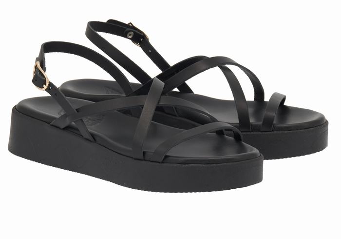 Ancient Greek Sandals Silia Leather Women Platform Sandals Black | BUT1263AA