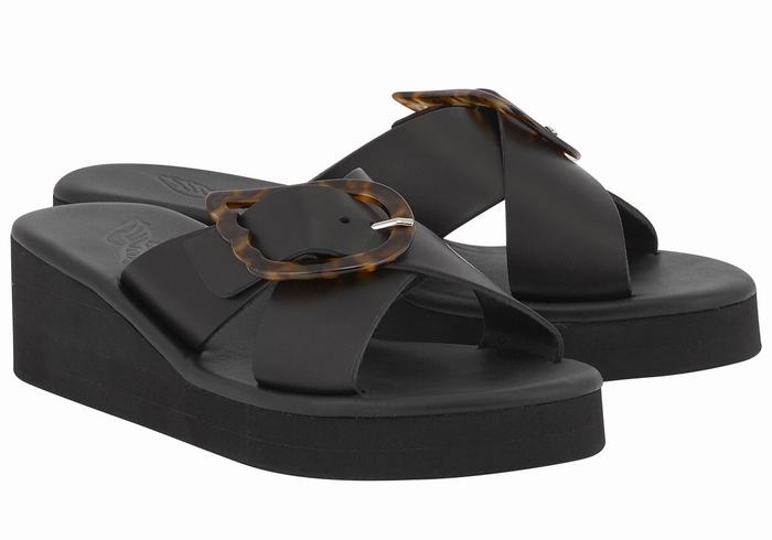 Ancient Greek Sandals Thais Rainbow Women Wedge Sandals Black | BLJ4722NA