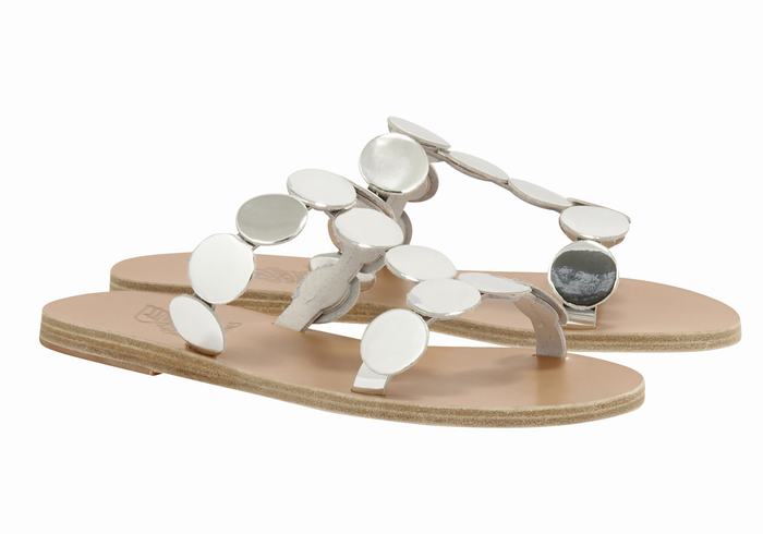 Ancient Greek Sandals Uranos Leather Women Slide Sandals Silver | RTM3692CR